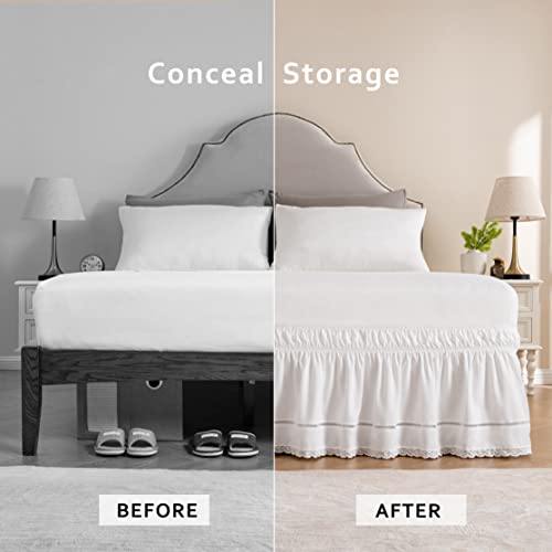 MIYE Wrap Around Ruffled Lace Bed Skirt, Elastic Dust Ruffle with Adjustable Belts,15 Inch Drop Easy to Put On, Bed Frame Cover, Machine Washable (Floral Lace, King/Queen-15) - Image 3