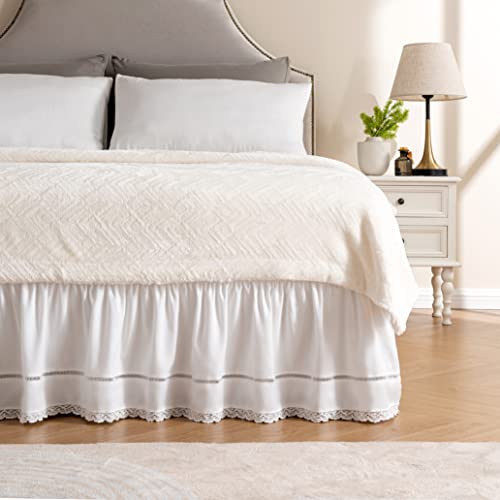 MIYE Wrap Around Ruffled Lace Bed Skirt, Elastic Dust Ruffle with Adjustable Belts,15 Inch Drop Easy to Put On, Bed Frame Cover, Machine Washable (Floral Lace, King/Queen-15) - Image 1