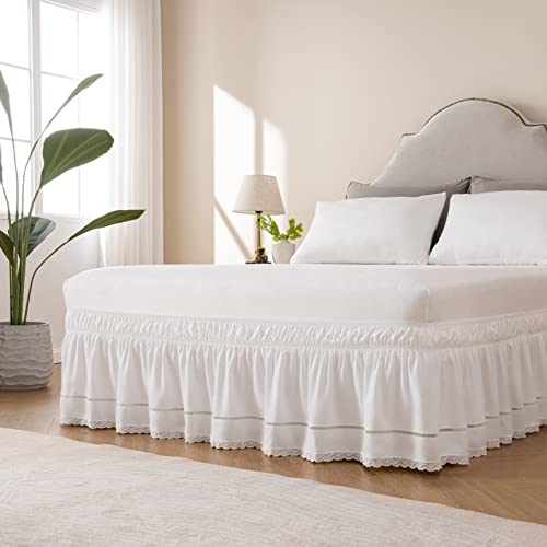 MIYE Wrap Around Ruffled Lace Bed Skirt, Elastic Dust Ruffle with Adjustable Belts,15 Inch Drop Easy to Put On, Bed Frame Cover, Machine Washable (Floral Lace, King/Queen-15) - Image 2