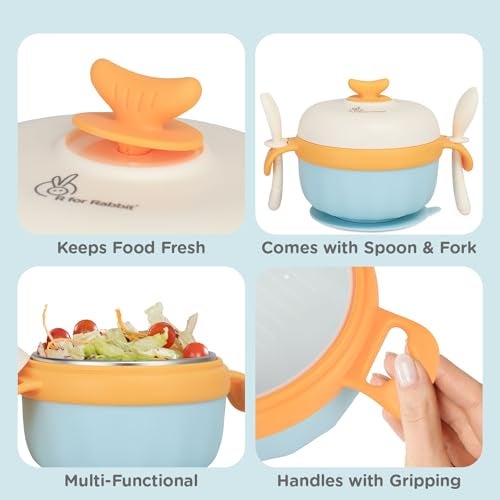 R for Rabbit Safe Feed Storage Baby Feeding Meal Bowl Set with Spoon and Fork for Baby | 304 Stainless Steel Multi-Functional Snack/Fruit Box 350 Gram Capacity (Blue) - Image 4