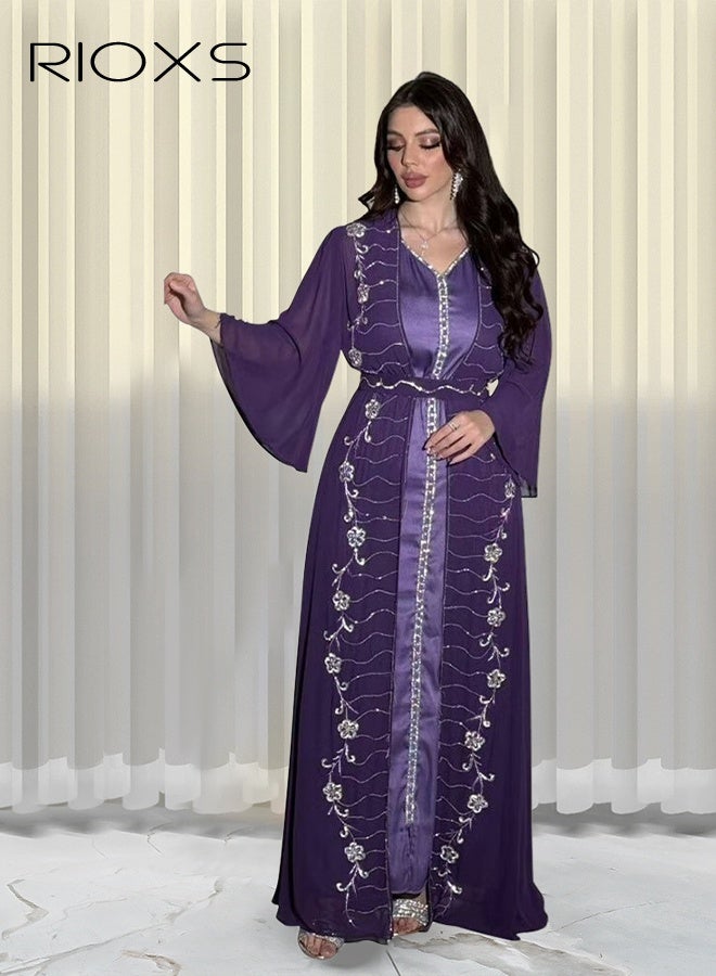 RIOXS Women's Abaya Dress, Chiffon Diamond Ironing Muslim Suit, Classic Abayas for Women, Stylish Ladies Saudi Arabia Muslim Robe, Great for Parties Festival and Special Occasions, Purple Long Dresses  - Image 1