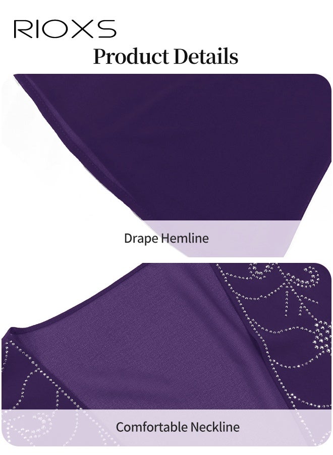 RIOXS Women's Abaya Dress, Chiffon Diamond Ironing Muslim Suit, Classic Abayas for Women, Stylish Ladies Saudi Arabia Muslim Robe, Great for Parties Festival and Special Occasions, Purple Long Dresses  - Image 4
