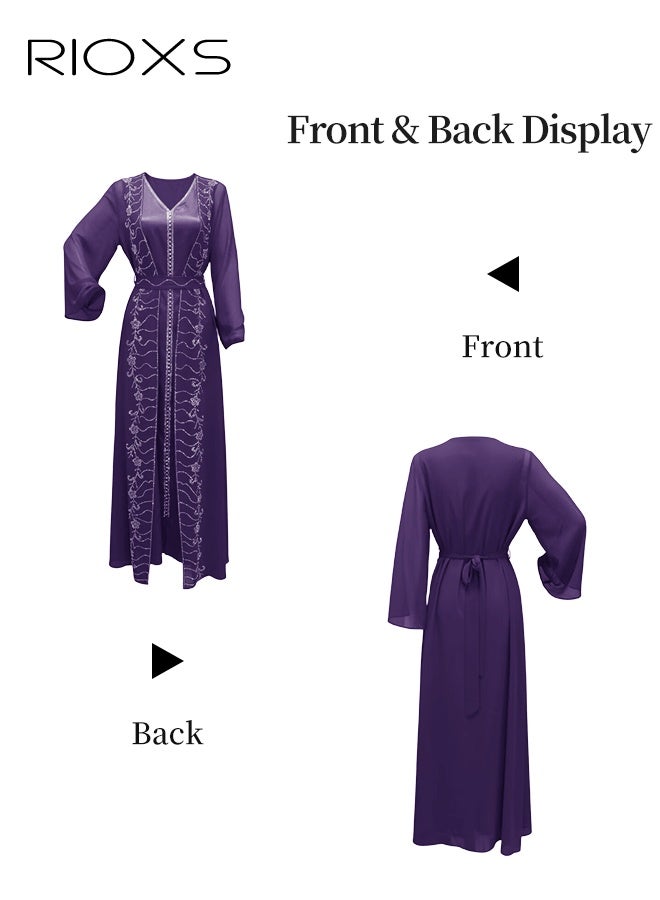 RIOXS Women's Abaya Dress, Chiffon Diamond Ironing Muslim Suit, Classic Abayas for Women, Stylish Ladies Saudi Arabia Muslim Robe, Great for Parties Festival and Special Occasions, Purple Long Dresses  - Image 2