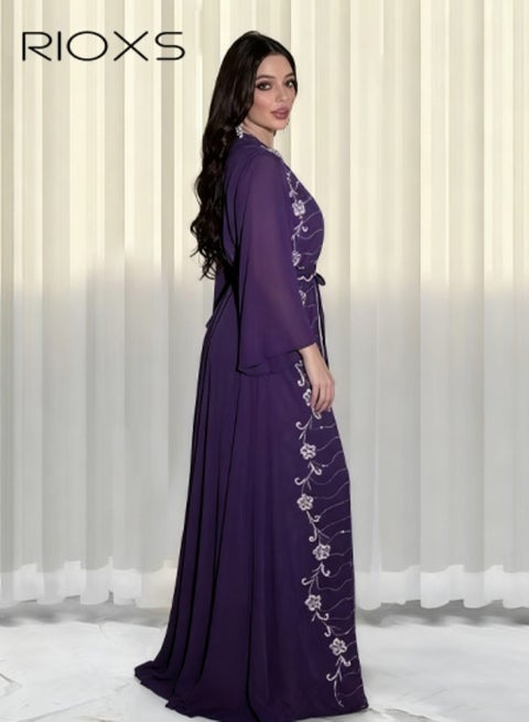 RIOXS Women's Muslim Abaya Dress, Chiffon Islamic Dubai Modest Long Sleeve  Maxi Dress for Ladies, Stylish V-Neck Saudi Arabia Muslim Robe, Elegant  Diamond Ironing Muslim Suit Classic Abayas, Great for Parties Festival