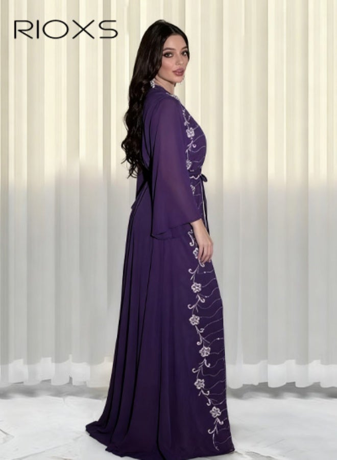 RIOXS Women's Muslim Abaya Dress, Chiffon Islamic Dubai Modest Long Sleeve Maxi Dress for Ladies, Stylish V-Neck Saudi Arabia Muslim Robe, Elegant Diamond Ironing Muslim Suit Classic Abayas, Great for Parties Festival and Special Occasions, Purple - Image 2