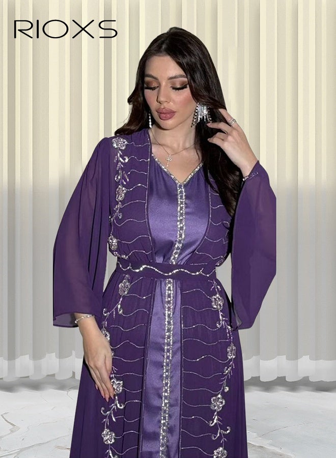 RIOXS Women's Muslim Abaya Dress, Chiffon Islamic Dubai Modest Long Sleeve Maxi Dress for Ladies, Stylish V-Neck Saudi Arabia Muslim Robe, Elegant Diamond Ironing Muslim Suit Classic Abayas, Great for Parties Festival and Special Occasions, Purple - Image 3