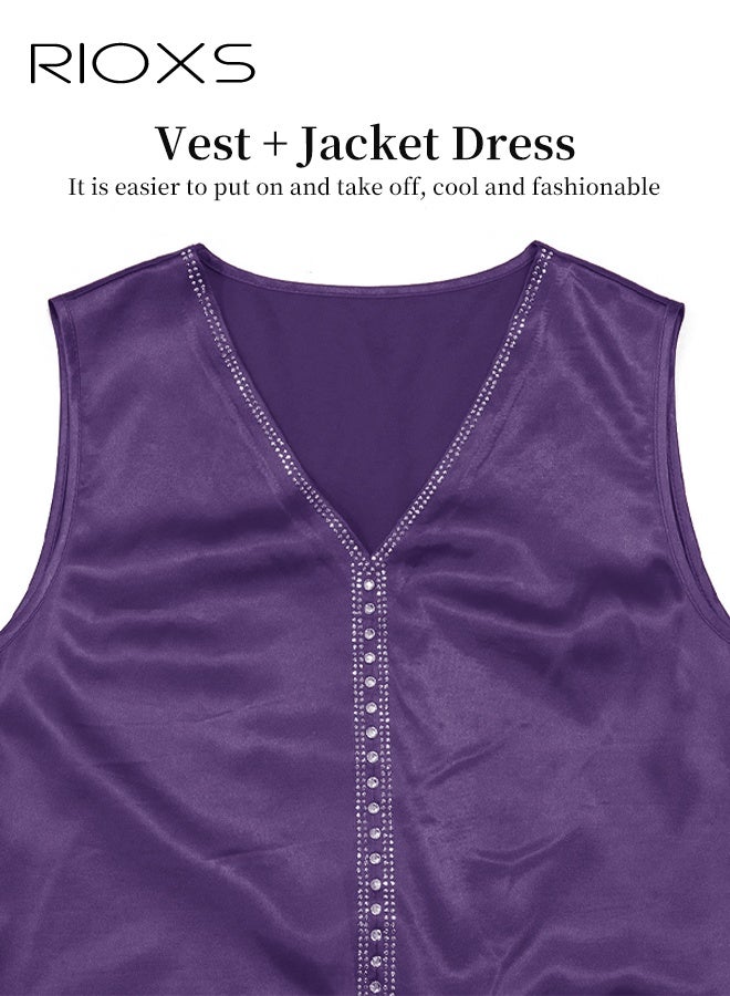 RIOXS Women's Muslim Abaya Dress, Chiffon Islamic Dubai Modest Long Sleeve Maxi Dress for Ladies, Stylish V-Neck Saudi Arabia Muslim Robe, Elegant Diamond Ironing Muslim Suit Classic Abayas, Great for Parties Festival and Special Occasions, Purple - Image 4