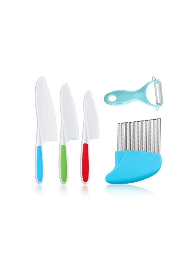 vesus Knife Set, Kids Safe Plastic Kitchen Knife in 3 Sizes with Crinkle Cutter and Y Peeler, Kids Knife for Real Cooking Bread Chopping Vegetables Fruits Salad Cake (5Pcs)  - Image 2