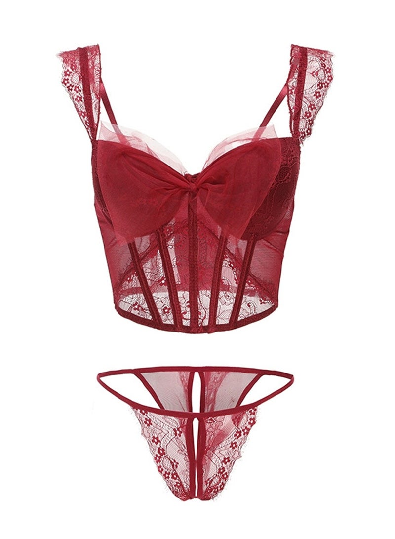 Mesh bow bra lace inner and fishbone bra corset bra - Image 1