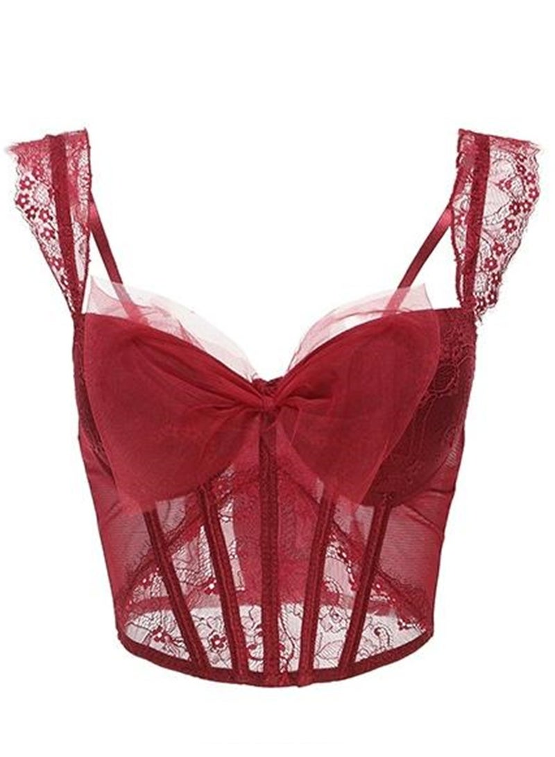 Mesh bow bra lace inner and fishbone bra corset bra - Image 3