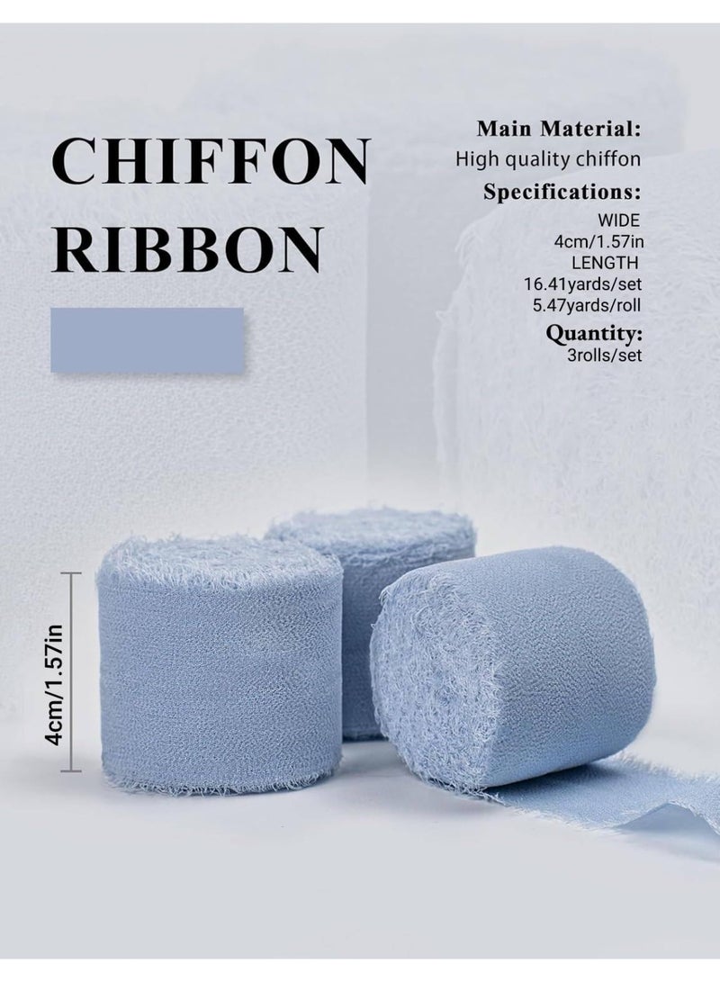 شريط أزرق، شريط شيفون أزرق فاتح، زينة حفلات من الحرير الأزرق الفاتح، 1.57 بوصة × 16.41 ياردة، شريط هامشي مصنوع يدويًا للتغليف، مزهرية زهور، حرف يدوية، أعياد ميلاد، زفاف، 3 لفات - Image 2