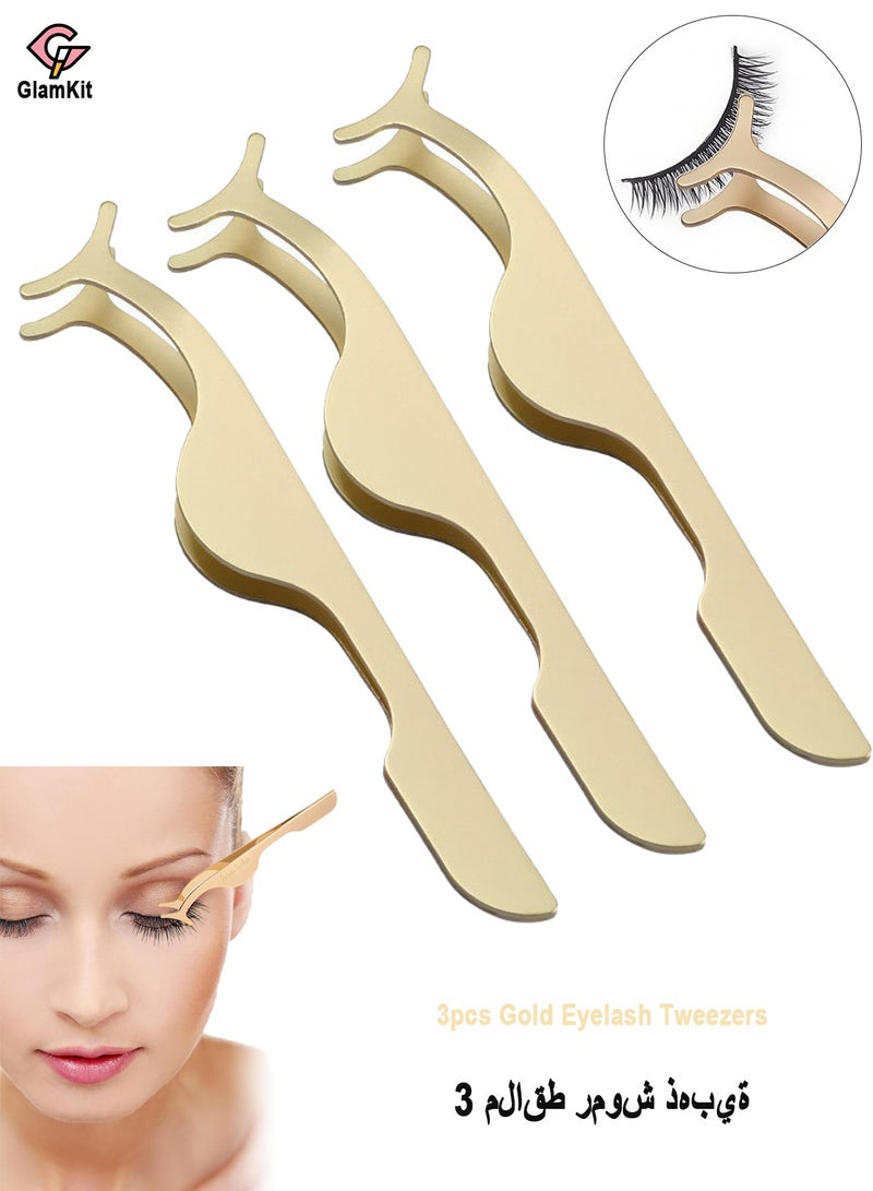 GlamKit 3 Pcs Golden Stainless Steel False Eyelash Applicator Tweezer Clips, Ergonomic Curved Lash Helper Tool, Lightweight Durable Rustproof Lash Auxiliary Tweezers for Beginner Daily Makeup Professional Lash Salon Application & Removal - Image 1