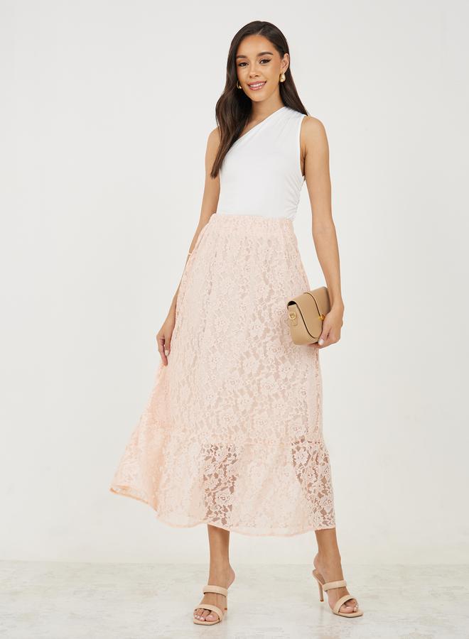 Styli Lace Insert Maxi Skirt with Elastic Waistband  - Image 2