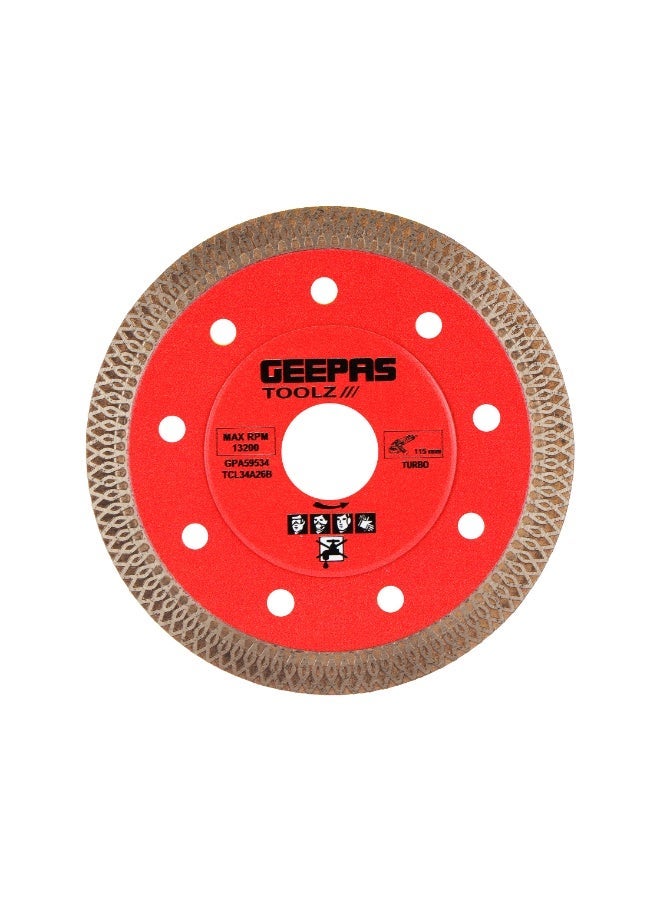 GEEPAS Dry Tile Cutting Blade 115mm Mesh Turbo Diamond Blade | 13200 RPM Max Speed, Precision Dry Cutting for Ceramic, Porcelain & Tiles | GPA59534 - Image 1