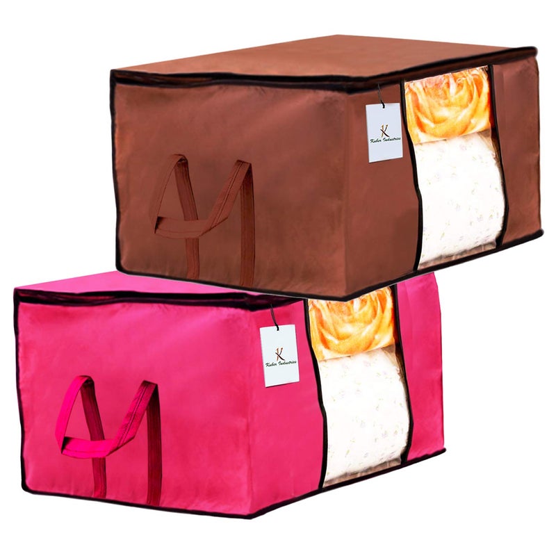 Kuber Industries Underbed Storage Bag Storage Organiser Blanket Cover Set of 2 Dark BrownPink Extra Large SizeCTKTC23836 - Image 1