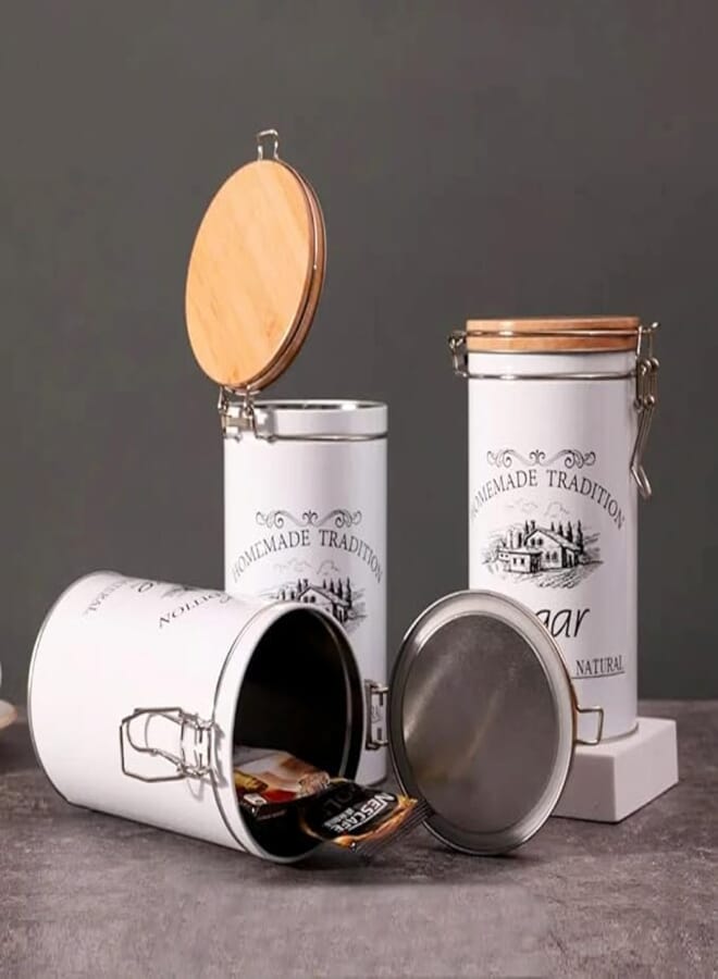 Generic Vintage Farmhouse Kitchen Canisters, Set of 3 Metal Storage Containers with Wooden Lids, White .A2