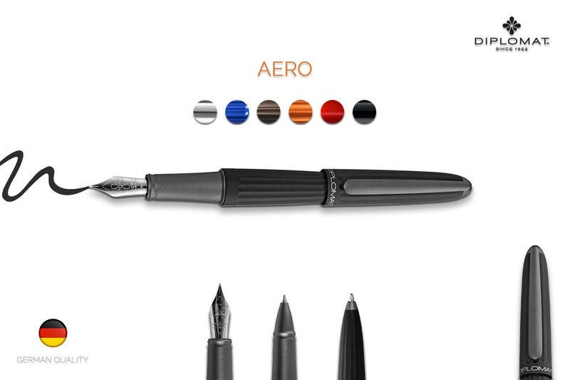 Diplomat - Aero - Fountain Pen in Stainless Steel - Medium - Black - Resistant and Elegant - High End - 5 Years Warranty - Image 2