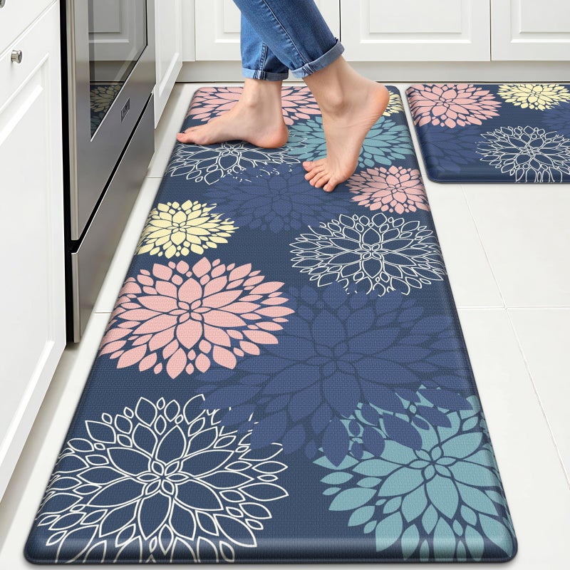 StepLively Kitchen Mats, 2 PCS Cushioned Anti-Fatigue Floral Pattern, Oeko-TEX Certified Washable Non-Slip Standing Mats for Kitchen, Office, Sink & Laundry (17.3"x30"+17.3"x47", Blue) - Image 1