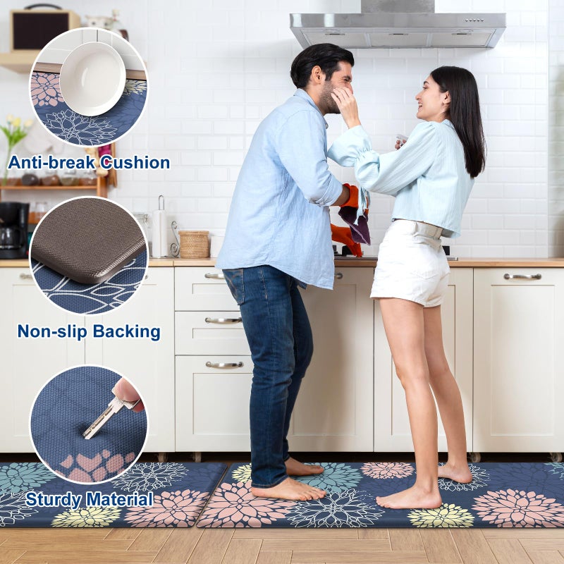 StepLively Kitchen Mats, 2 PCS Cushioned Anti-Fatigue Floral Pattern, Oeko-TEX Certified Washable Non-Slip Standing Mats for Kitchen, Office, Sink & Laundry (17.3"x30"+17.3"x47", Blue) - Image 3