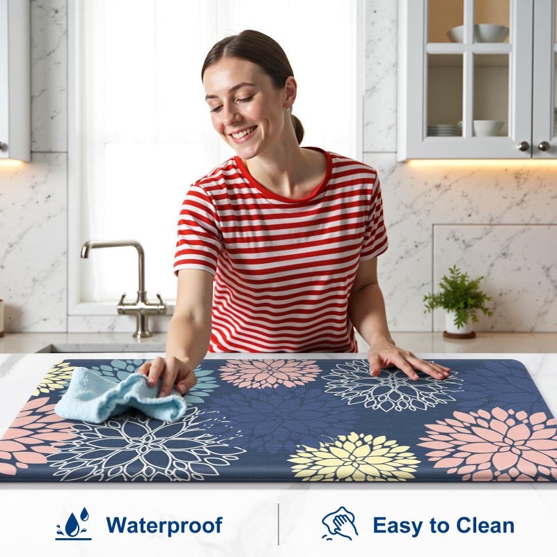 StepLively Kitchen Mats, 2 PCS Cushioned Anti-Fatigue Floral Pattern, Oeko-TEX Certified Washable Non-Slip Standing Mats for Kitchen, Office, Sink & Laundry (17.3"x30"+17.3"x47", Blue) - Image 5