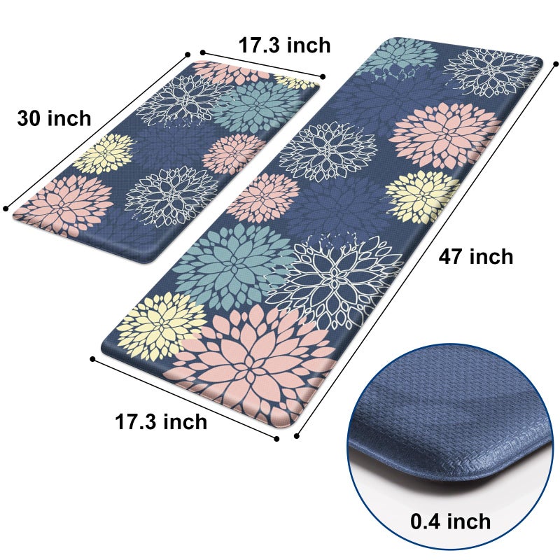 StepLively Kitchen Mats, 2 PCS Cushioned Anti-Fatigue Floral Pattern, Oeko-TEX Certified Washable Non-Slip Standing Mats for Kitchen, Office, Sink & Laundry (17.3"x30"+17.3"x47", Blue) - Image 2