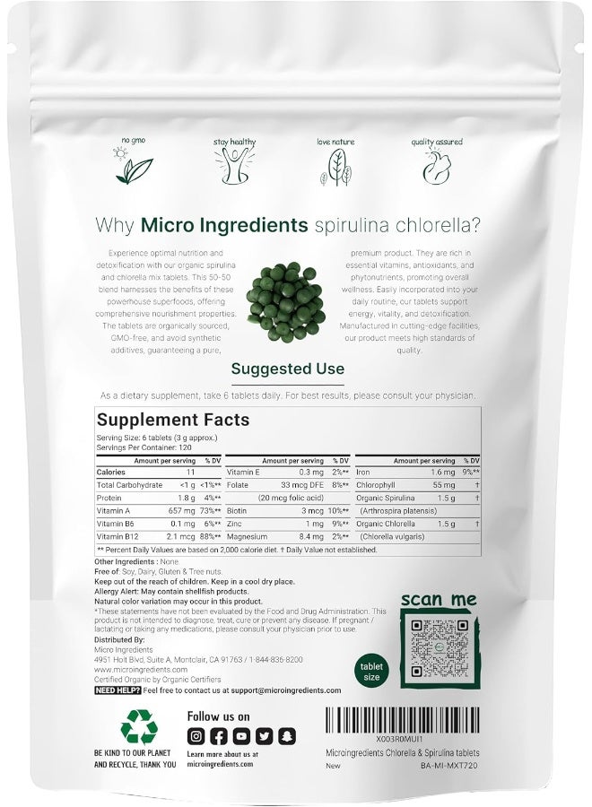 Micro Ingredients Organic Chlorella Spirulina Tablets, 3000mg Per Serving, 720 Counts - Image 2