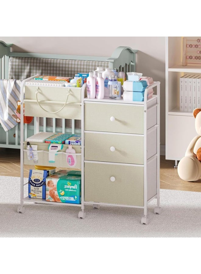 Forthcan 3-Tier Baby Organizer Cart with Wheels, Nursery Storage Trolley with 3 Drawers, Shelves, Portable Basket & Side Bag, Multi-Purpose Storage for Bedroom or Baby Room, White, 82x29x85 cm - Image 1