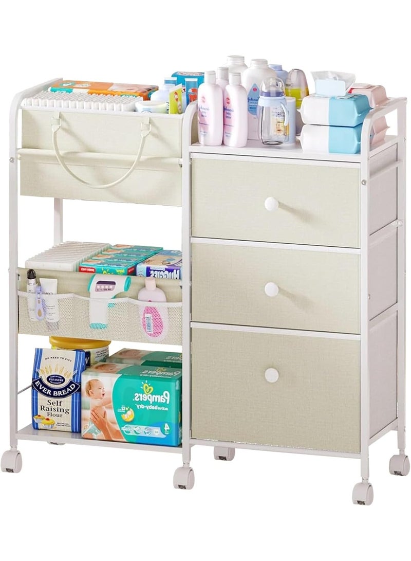 Forthcan 3-Tier Baby Organizer Cart with Wheels, Nursery Storage Trolley with 3 Drawers, Shelves, Portable Basket & Side Bag, Multi-Purpose Storage for Bedroom or Baby Room, White, 82x29x85 cm - Image 2