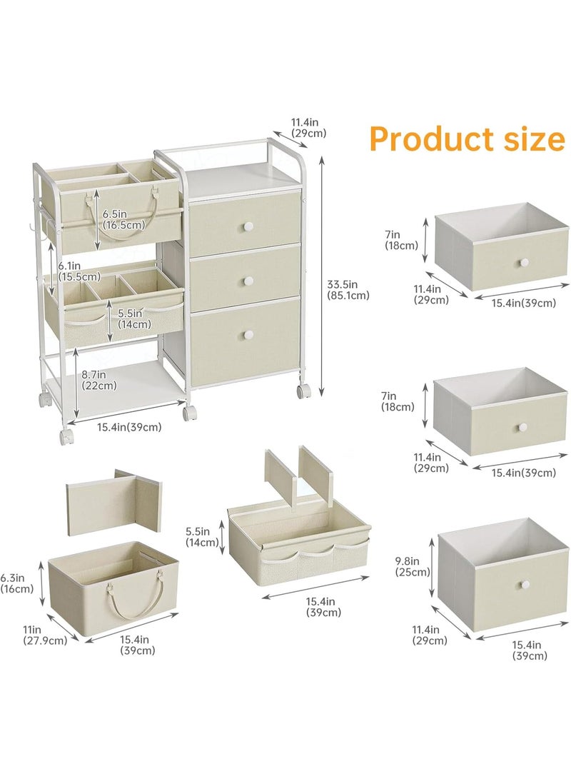 Forthcan 3-Tier Baby Organizer Cart with Wheels, Nursery Storage Trolley with 3 Drawers, Shelves, Portable Basket & Side Bag, Multi-Purpose Storage for Bedroom or Baby Room, White, 82x29x85 cm - Image 3