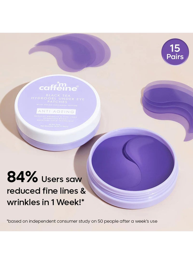 mCaffeine Black Tea Complex™ Anti-Ageing Cooling Under Eye Patches with Vegan Collagen Peptide | Boosts Collagen by 80% | Eye Masks for De-Puffing & Brightening | Men & Women | 15 Pairs - Image 1