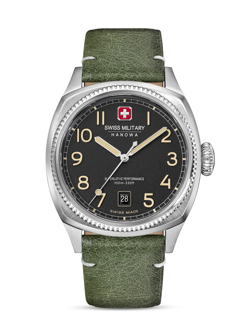 سويس ميليتري هانوا ساعة كوندور للرجال 41 مم بعقارب وسوار جلد طبيعي زيتوني