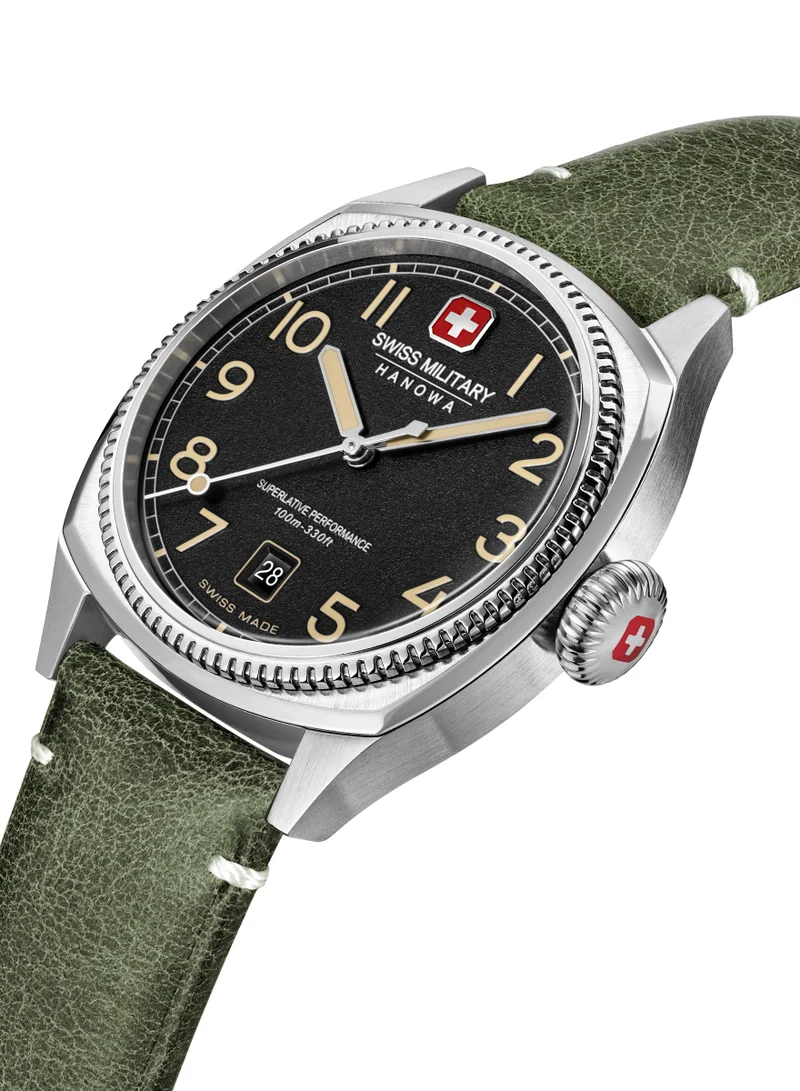سويس ميليتري هانوا ساعة كوندور للرجال 41 مم بعقارب وسوار جلد طبيعي زيتوني
