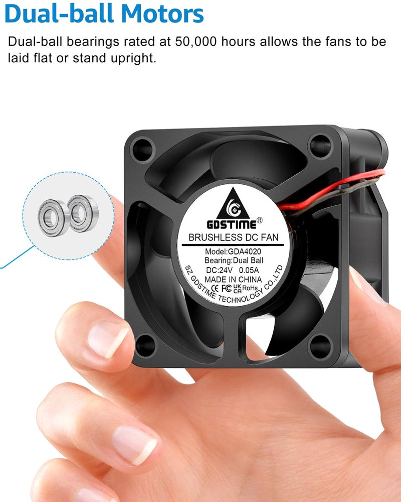 GDSTIME 2-Pack 40mm Fan 24V, Ender 3 Fan Upgrade 24 Volt Fans 4020 Dual Ball Bearing, Brushless Cooling Cooler 40x40x20mm 2 Pin - Image 3
