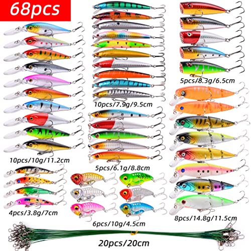 Aorace 68pcs Hard Soft Fishing Lure Set Assorted Bass Minnow Popper Crankbait Tackle Pack for Saltwater Freshwater - Image 3