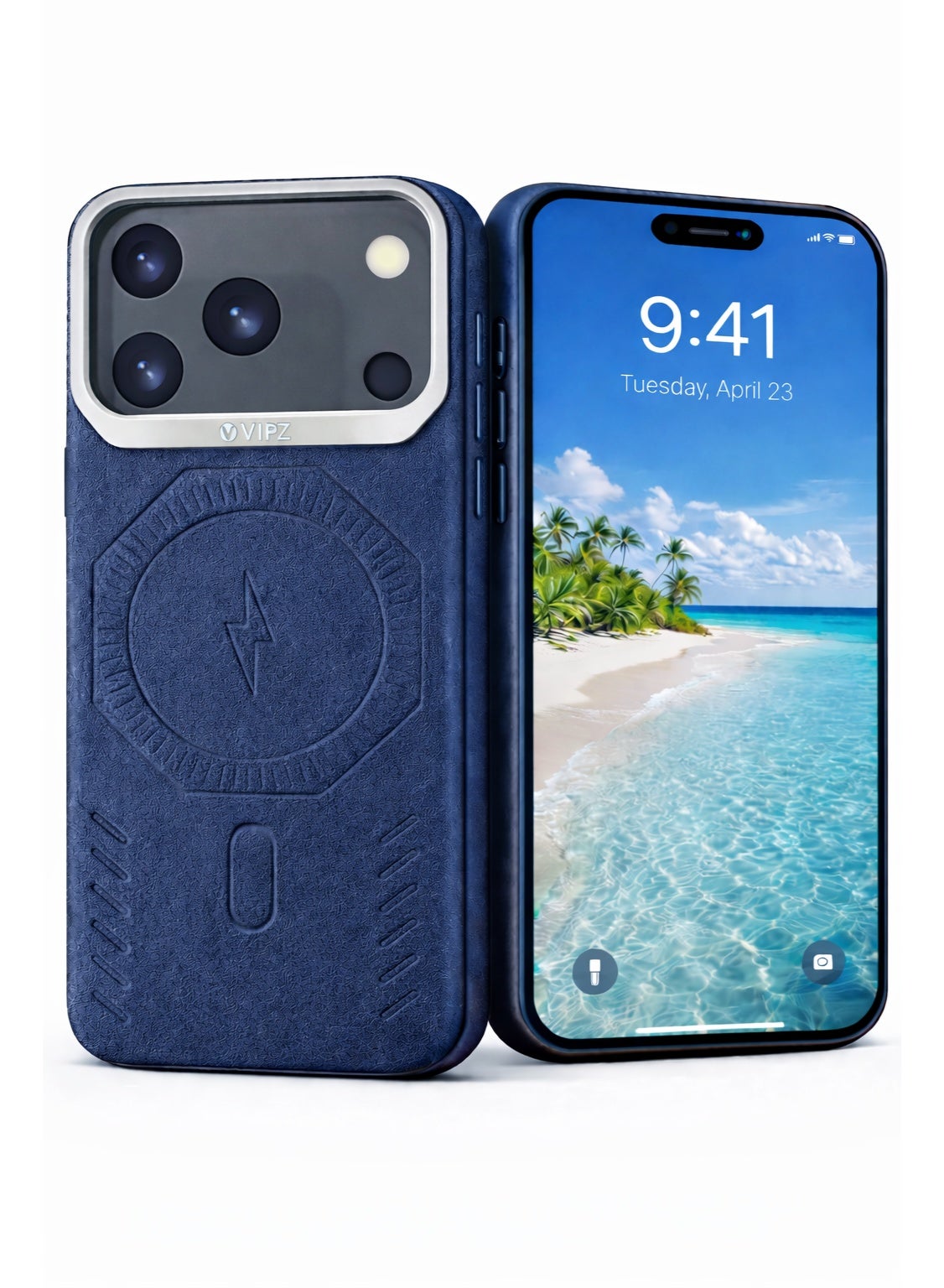 VR CREATIVE Premium Leather MagSafe Compatible Case for iPhone 17 Pro Max - Magnetic Wireless Charging Cover, Shock Absorbent, Raised Camera Protection – Blue