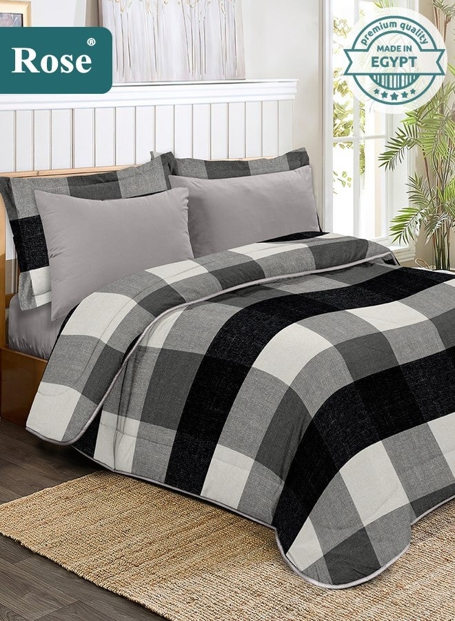 Rose Floral Comforter Set, High Quality Microfiber, 6 Pieces, Fits 200x200 cm Double Size Bed, Soft Cooling Breathable, Stylish Printed Elegance, King Size Comforter, Grey Black - Image 1