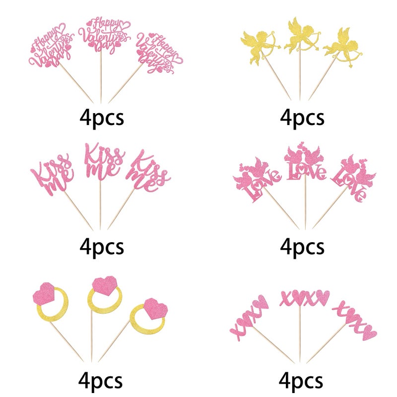 YCTHUNFISH 24 Pack Happy Valentine 's Day Cupcake Toppers Glitter Cupid Ring Sweet Love Cupcake Picks Kiss Me Wedding Bridal Shower Cake Decorations for Valentine 's Day Theme Birthday Party Supplies Pink  - Image 3