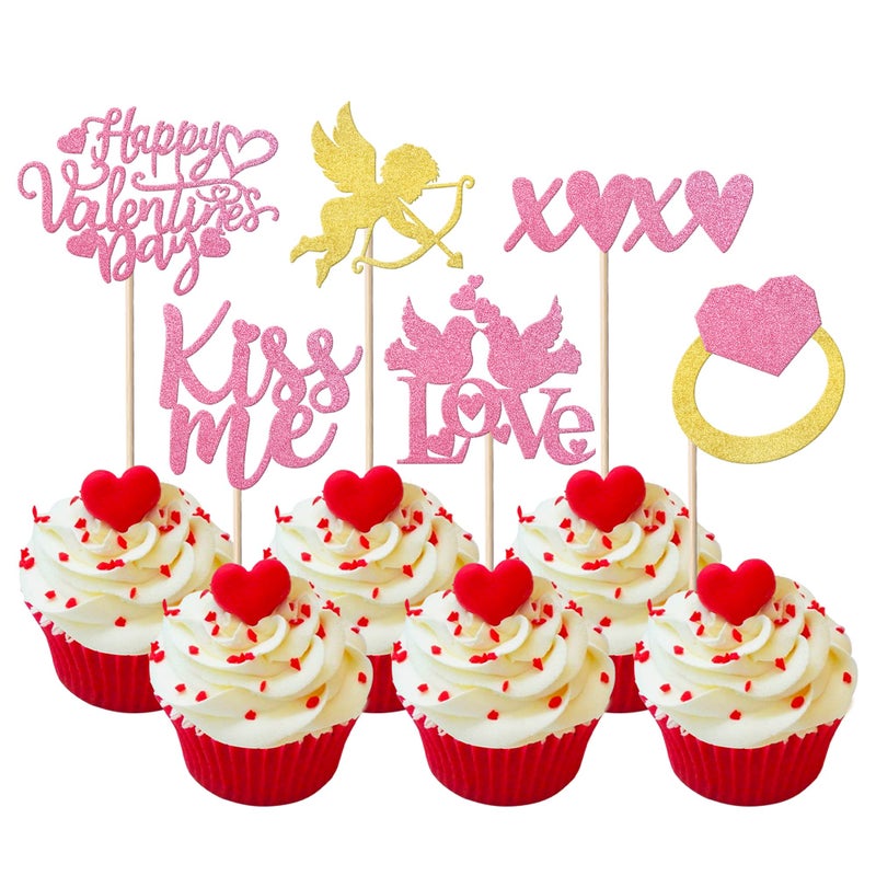 YCTHUNFISH 24 Pack Happy Valentine 's Day Cupcake Toppers Glitter Cupid Ring Sweet Love Cupcake Picks Kiss Me Wedding Bridal Shower Cake Decorations for Valentine 's Day Theme Birthday Party Supplies Pink  - Image 1