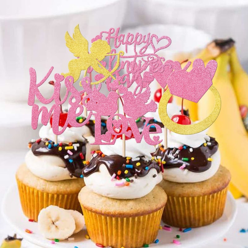 YCTHUNFISH 24 Pack Happy Valentine 's Day Cupcake Toppers Glitter Cupid Ring Sweet Love Cupcake Picks Kiss Me Wedding Bridal Shower Cake Decorations for Valentine 's Day Theme Birthday Party Supplies Pink  - Image 4
