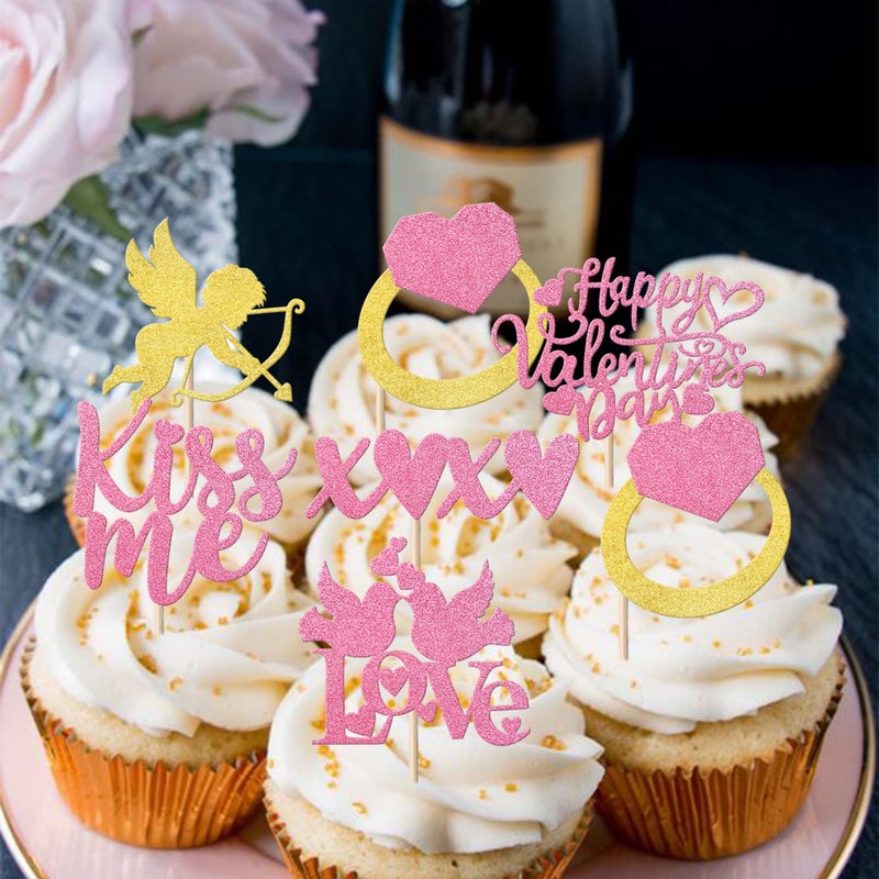 YCTHUNFISH 24 Pack Happy Valentine 's Day Cupcake Toppers Glitter Cupid Ring Sweet Love Cupcake Picks Kiss Me Wedding Bridal Shower Cake Decorations for Valentine 's Day Theme Birthday Party Supplies Pink  - Image 5