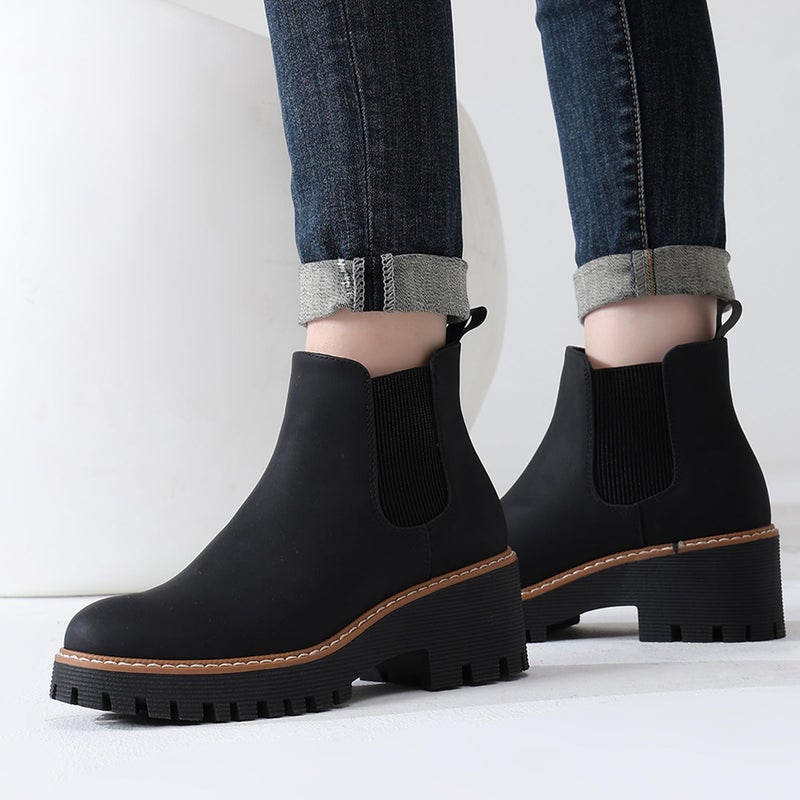 DECARSDZ Womens Black Chunky Platform Chelsea Boot With Elastic Low Wedge Heel Slip On For Fall Work Suede Leather Classic Style Ankle Boots Women - Image 3