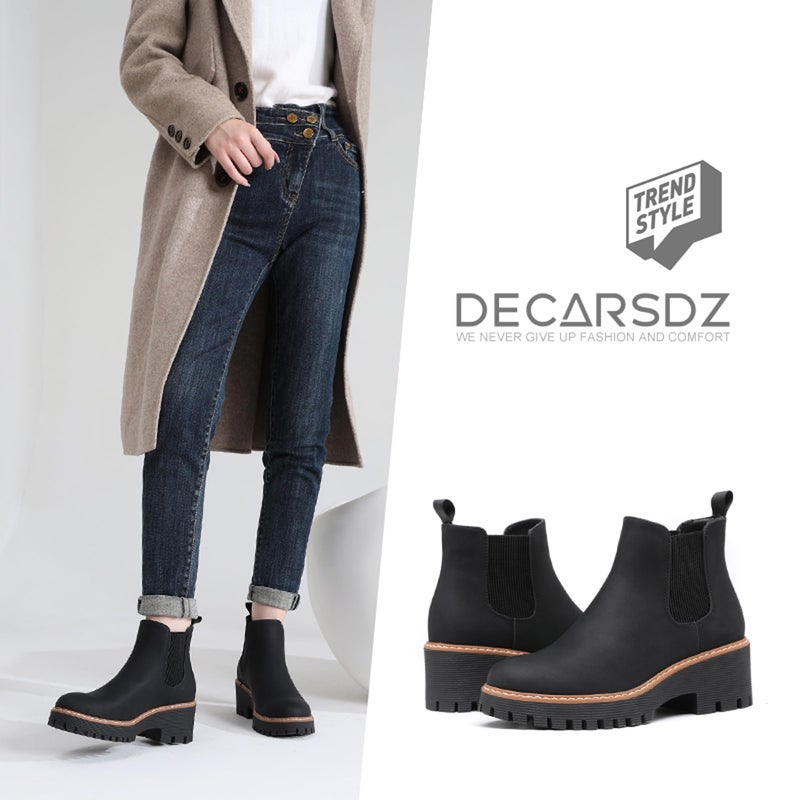 DECARSDZ Womens Black Chunky Platform Chelsea Boot With Elastic Low Wedge Heel Slip On For Fall Work Suede Leather Classic Style Ankle Boots Women - Image 2