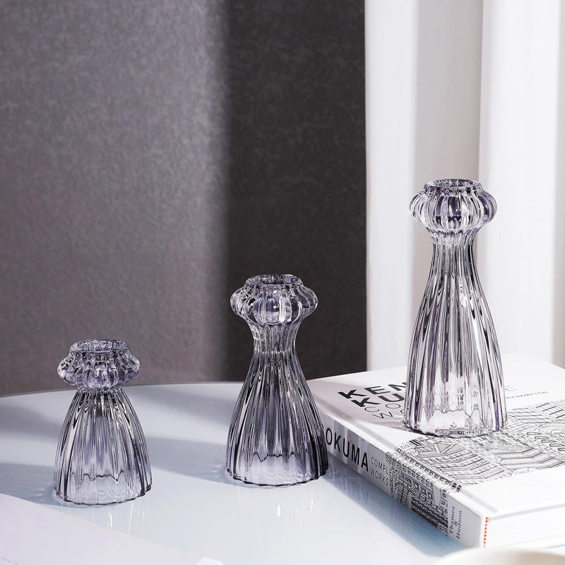 Lysenn Glass Candle Stick Holder Set of 3 â€“ Premium Taper Candle Holders for Romantic Ambiance - Candle Sticks Holder Decor for Special Occasions - Smoke Gray - Image 1