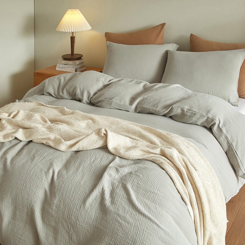 SE SOFTEXLY Muslin Duvet Cover Twin Size, 100% Washed Cotton Duvet Cover Set, Ultra Soft Comforter Cover Linen Like, 2 Pieces Minimalist Gauze Duvet Cover with 1 Pillowcase, 68"x90", Smoky-Green - Image 5