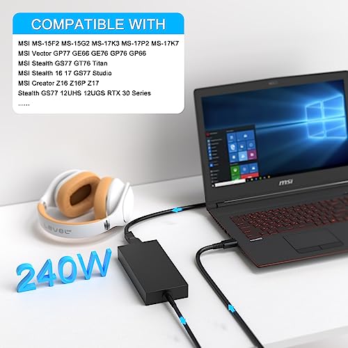 VHBW 240W USB Tip Charger for MSI GP77 GS77 GE76 GE66 GP76 GP66 MS-17K3 A20-240P2A A240A007P S93-0409410-C54 Stealth 17 14 Studio Creator Z16 HX CreatorPro Z16P Z17 RTX 4090 4080 4070 Power Supply - Image 3