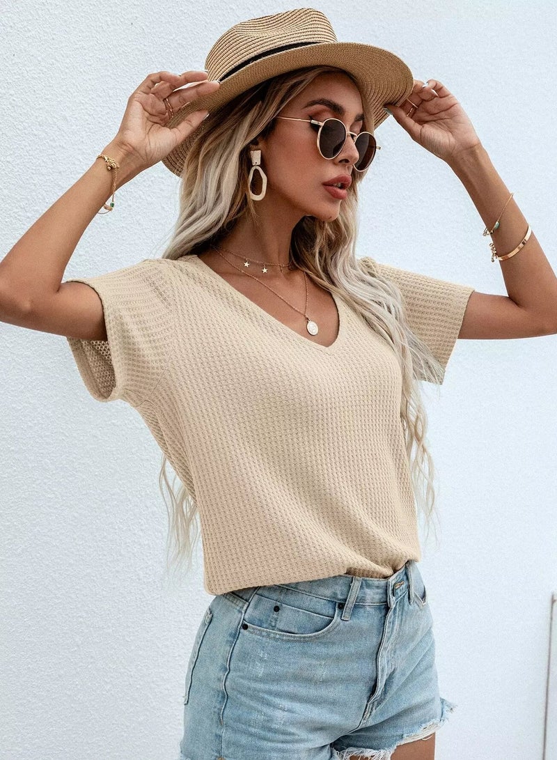 Waffle Knit V Neck Solid Tee  - Image 1