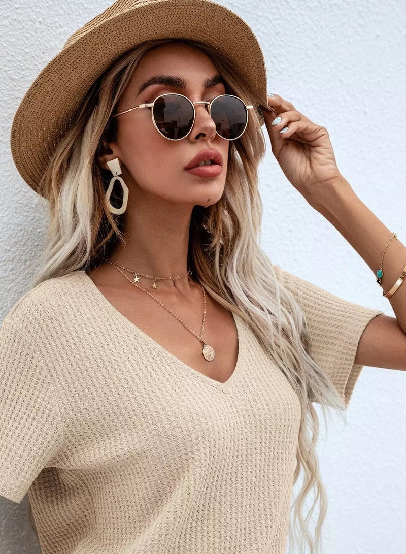 Waffle Knit V Neck Solid Tee  - Image 4