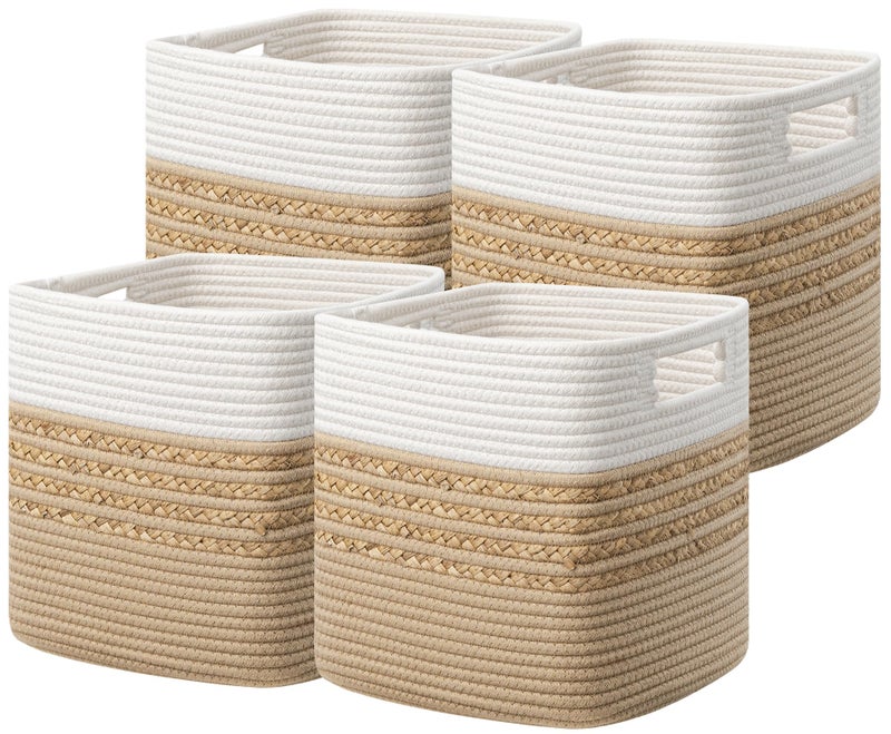 UBBCARE Set of 4 Storage Cubes 11 X 105 X 105 in Water Hyacinth Storage Bins for Shelves Toys Book Storage Baskets with Handles Cotton Rope Woven Baskets for Organizing Brown