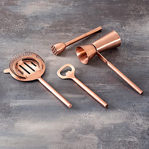 Nestroots Copper Stainless Steel Bar Tool Set | 4-Piece Cocktail Kit with Peg Measurer, Bottle Opener, Muddler & Strainer | Bartender Tools for Home Bar & Drink Mixing - Image 1