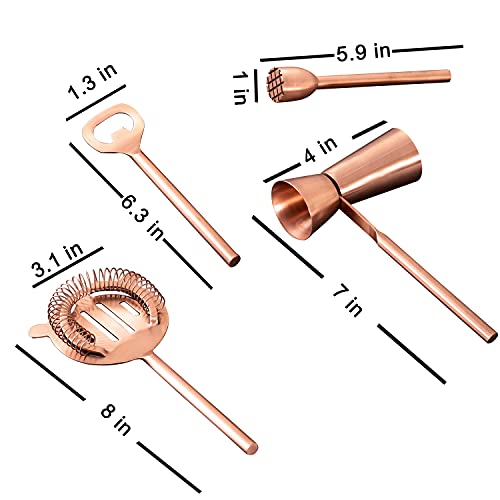 Nestroots Copper Stainless Steel Bar Tool Set | 4-Piece Cocktail Kit with Peg Measurer, Bottle Opener, Muddler & Strainer | Bartender Tools for Home Bar & Drink Mixing - Image 3